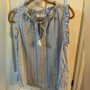 Vineyard Vines Oleander Striped Cap Ruffle Sleeve Popover Blue sz S Linen Tassel